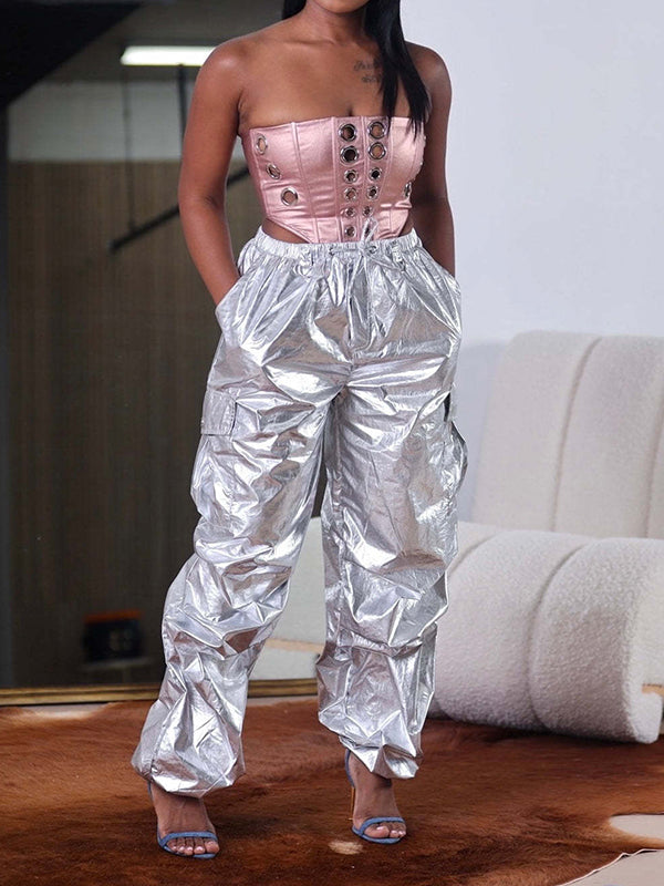 Pantalon ample taille haute, à cordon de serrage, à taille élastique, à poches, à empiècements