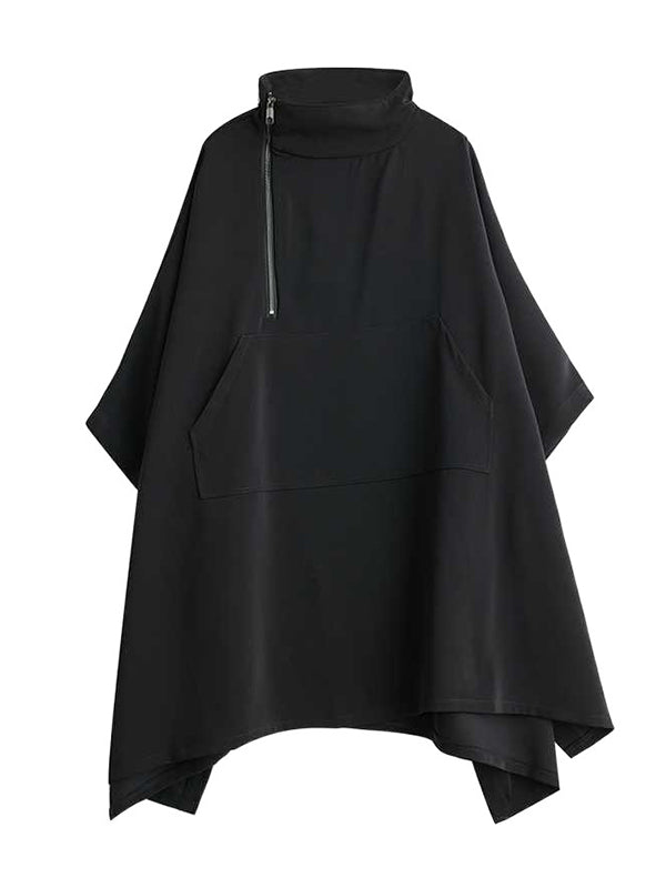 Sweat-shirt ample boutonné à manches chauve-souris, à poches, à fermeture éclair, à col cheminée, couleur unie