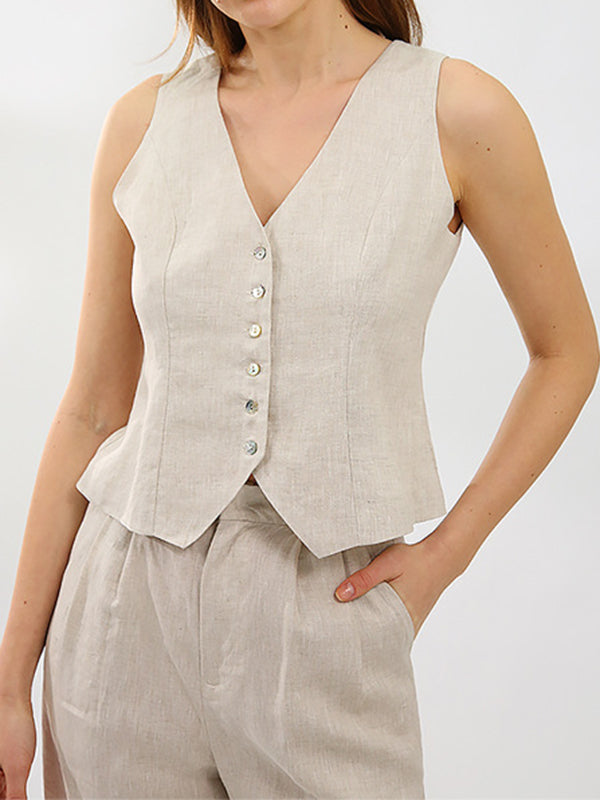 Ensemble deux pièces boutonné plissé sans manches, à décolleté en V profond, à jambes droites, couleur unie – débardeur + pantalon