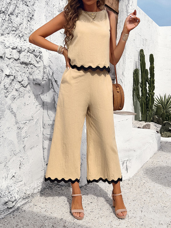 Ensemble deux pièces ample boutonné sans manches, à empiècements, couleur contrastée – débardeur + bas
