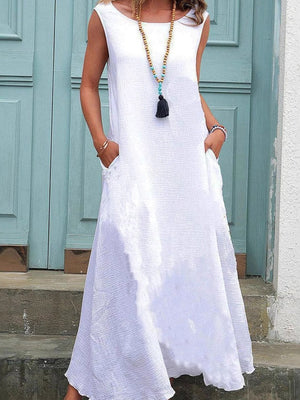 Robe longue ample grande taille, à poches, à col bateau, couleur unie