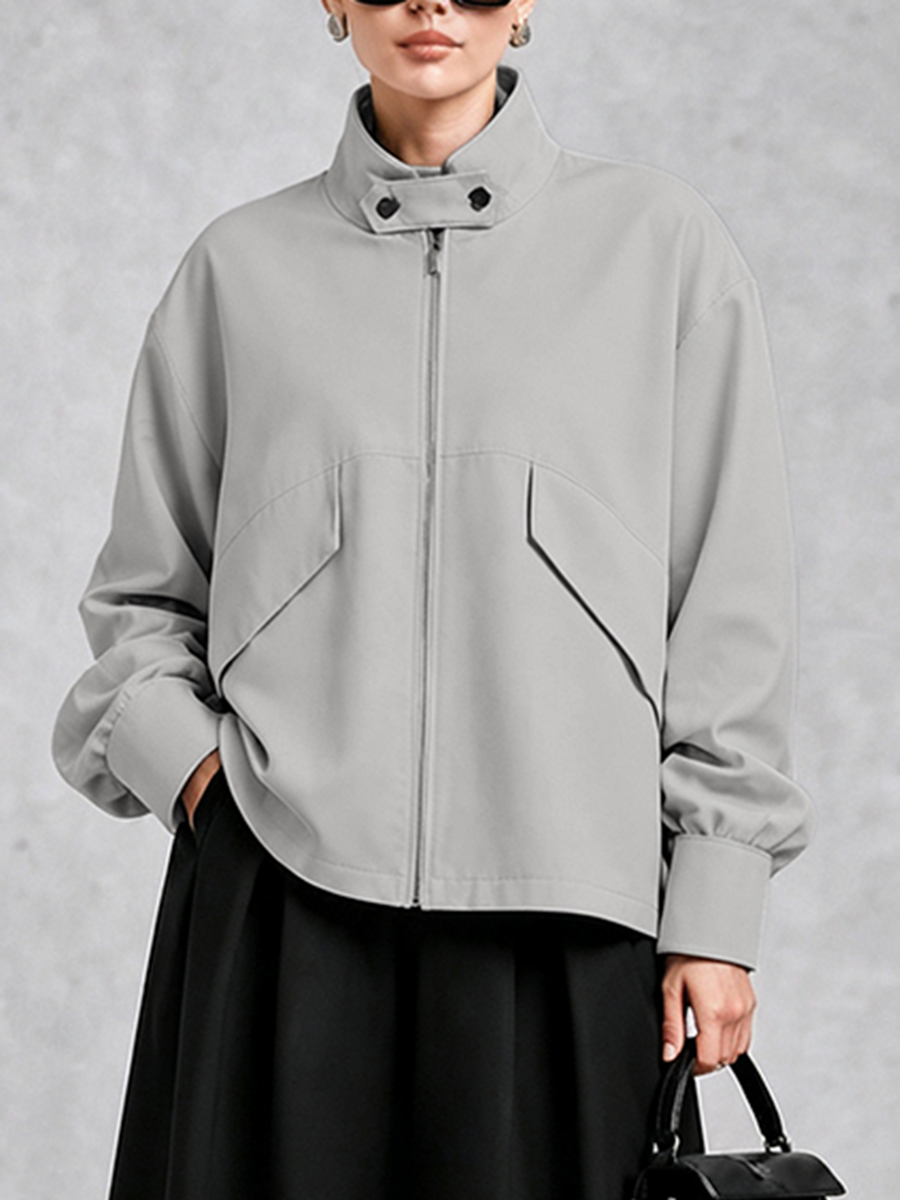 Veste ample à fermeture éclair, à manches longues, à col montant, couleur unie