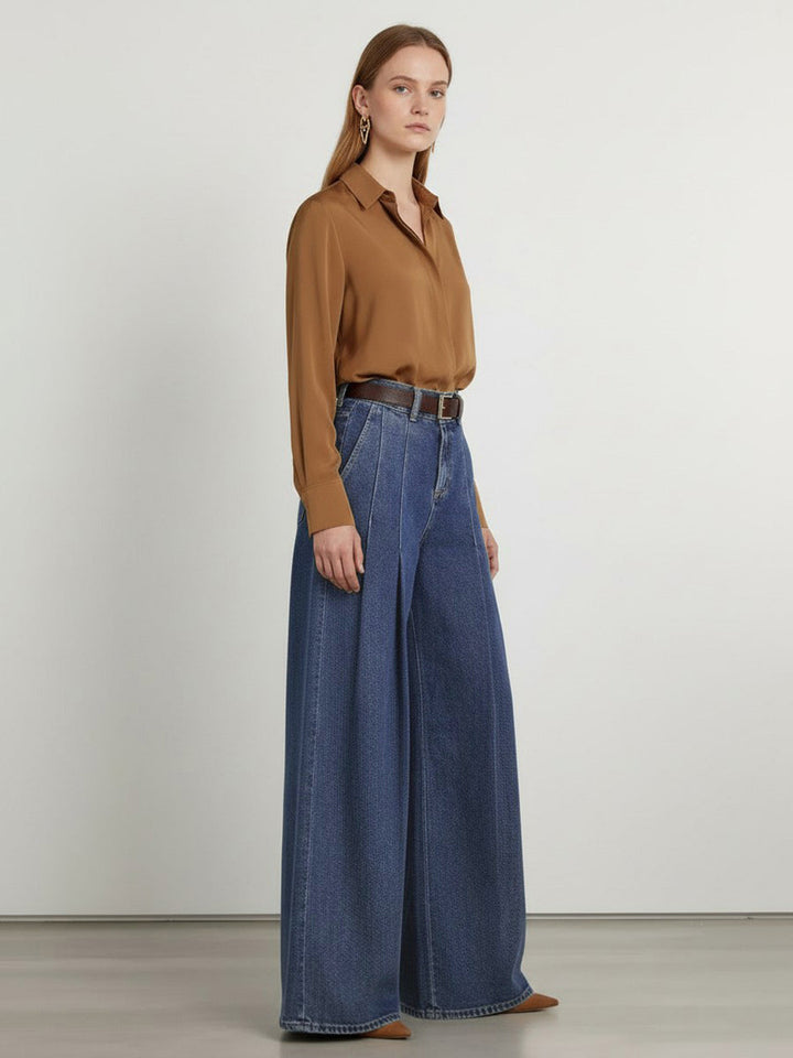 Pantalon plissé à taille élastique, taille haute, avec ceinture, à poches, à empiècements, couleur unie