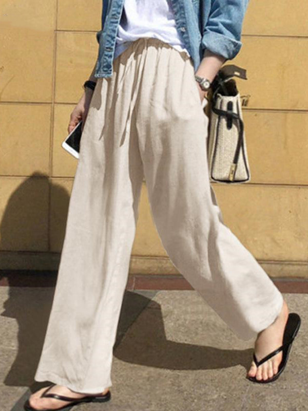 Pantalon ample taille haute, à cordon de serrage, à poches, couleur unie