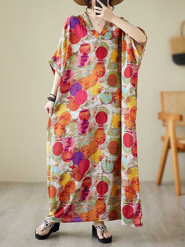 Robe longue à manches chauve-souris, à manches mi-longues, à pois, à col en V, couleur contrastée