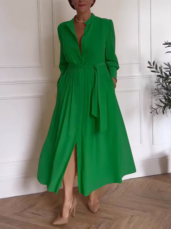 Robe longue boutonnée plissée coupe trapèze, à manches longues, à poches, à taille nouée, à col en V, couleur unie