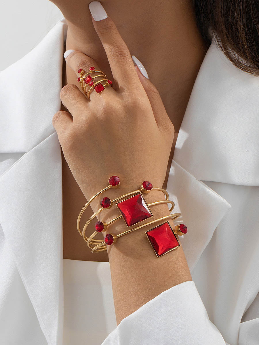 Parure bracelet et bague géométrique brillante à coupe irrégulière, à strass
