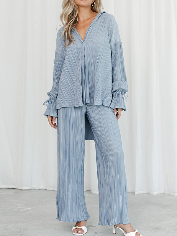 Ensemble pyjama à manches longues, manches évasées, boutonné, cordon de serrage plissé, couleur unie, chemises à revers fendues sur le côté, haut + pantalon, bas