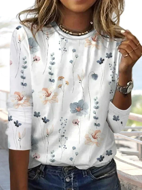 T-shirt à motifs floraux et col rond pour femmes