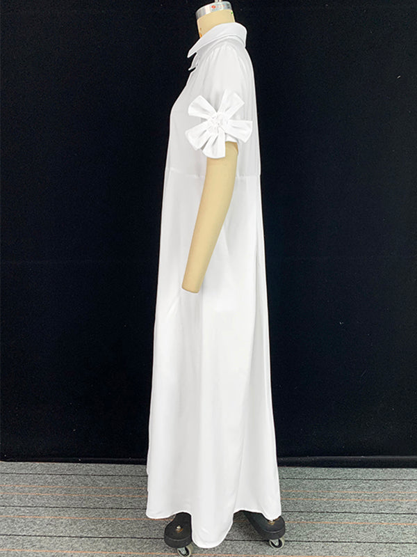 Robe chemise ample plissée coupe trapèze, à empiècements, à col revers, couleur unie