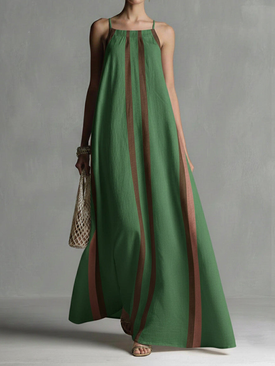 Robe longue ample plissée coupe trapèze, à fines bretelles, couleur contrastée