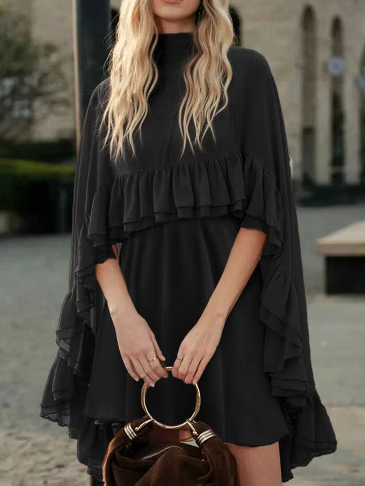 Robe courte ensemble deux pièces plissée volantée nouée taille haute, sans manches, à empiècements, à col cheminée, couleur unie