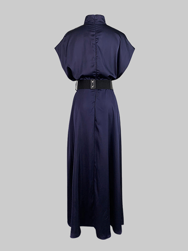 Robe longue ample à manches raglan, à empiècements, à taille nouée, à col haut, couleur unie