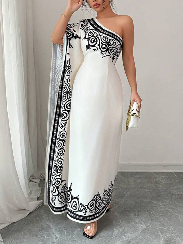 Robe longue ample asymétrique plissée à manches chauve-souris, à taille élastique, à imprimé floral, asymétrique à une épaule