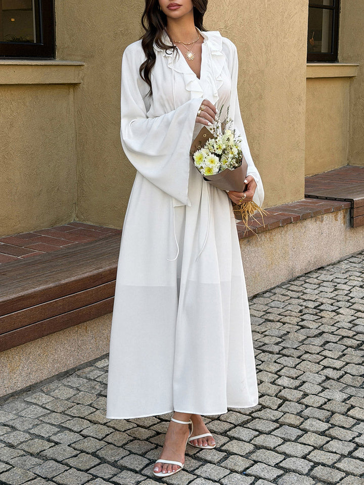 Robe longue plissée volantée taille haute, à manches longues, à col en V, couleur unie
