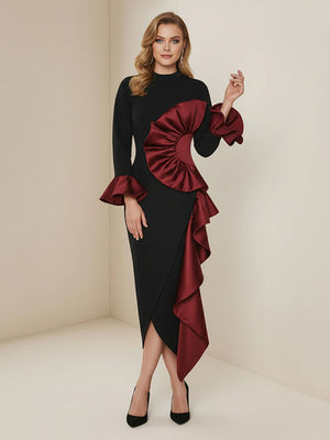 Robe mi-longue moulante asymétrique volantée à manches évasées, à fermeture éclair, à col montant, couleur contrastée