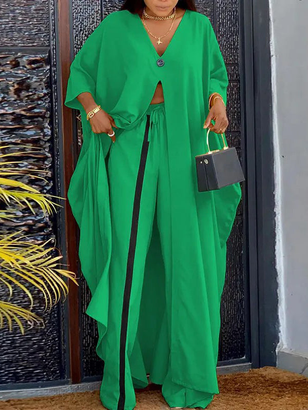 Ensemble deux pièces fendu devant à manches chauve-souris, à col en V, taille haute, à taille élastique – kimono + pantalon