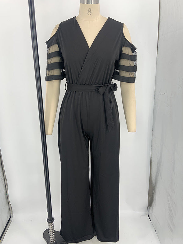 Combinaison ample ajourée taille haute, en résille, à taille nouée, à col en V, couleur unie