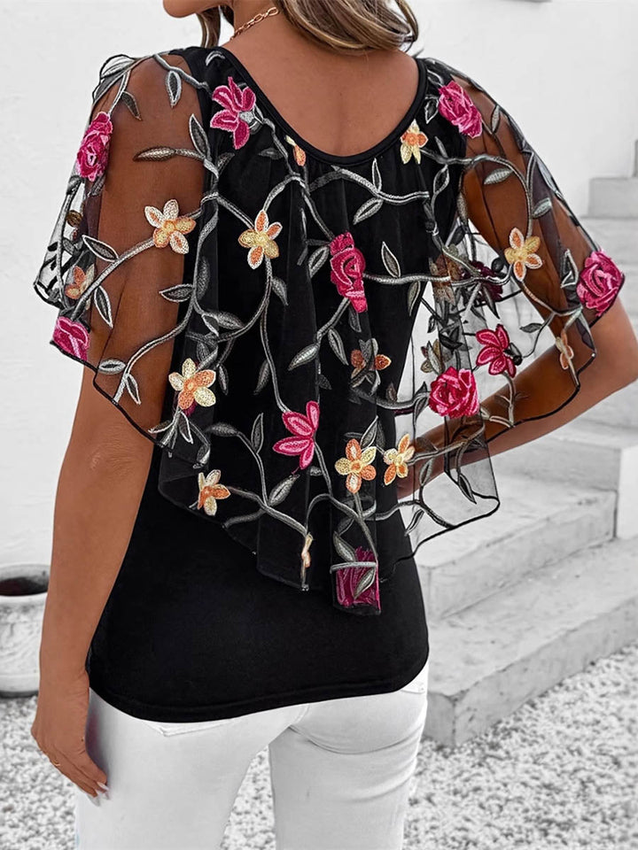 Chemisier superposé à manches chauve-souris, à coupe irrégulière, à imprimé floral, à empiècements, à col rond, couleur contrastée
