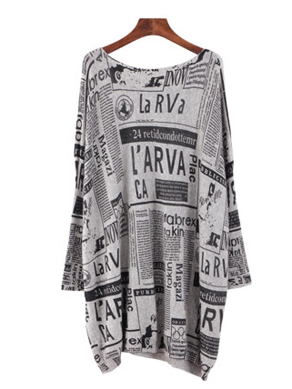 Pull vintage ample à une épaule imprimé journal à empiècements