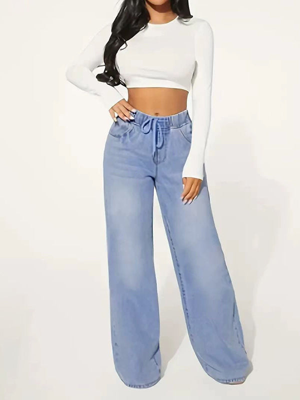 Jean ample taille haute, à cordon de serrage, à taille élastique, à empiècements