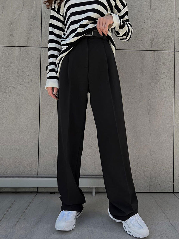 Pantalon ample taille haute, sans ceinture, couleur unie