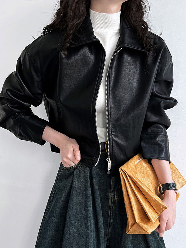 Veste ample à manches longues, à fermeture éclair, à col revers, couleur unie
