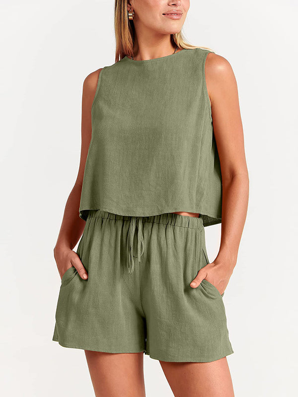 Ensemble deux pièces gilet à col rond de couleur unie + short à cordon élastique
