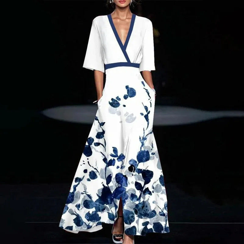 Sabrina - Robe maxi florale avec décolleté en V et manches amples