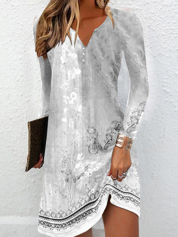 Robe courte ample à manches longues, à imprimé floral, à col en V