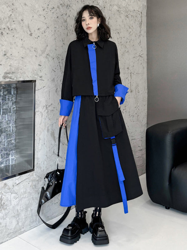 Ensemble deux pièces asymétrique à empiècements, à col revers, coupe trapèze, à taille élastique, à poches, à rubans, couleur contrastée – chemisier + jupe