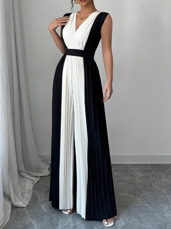 Combinaison ample plissée taille haute, à col en V, couleur contrastée