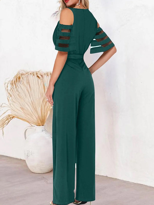 Combinaison ample ajourée taille haute, en résille, à taille nouée, à col en V, couleur unie