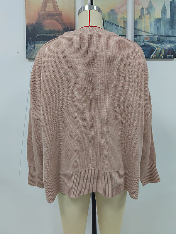 Pull décontracté ample fendu sur le côté à manches longues, à col rond, couleur unie