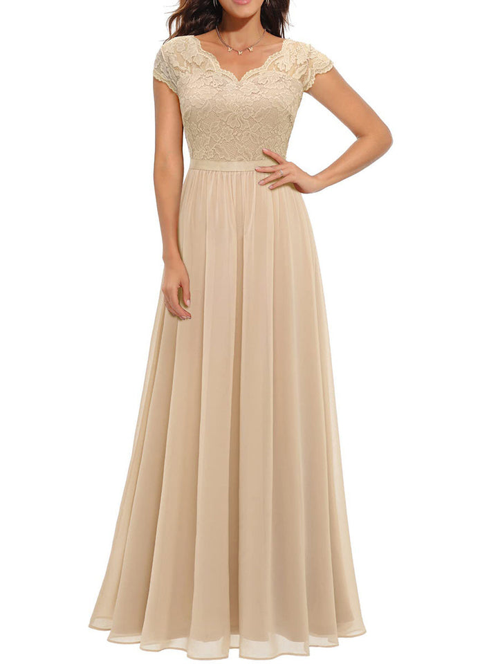 Robe longue plissée transparente coupe trapèze, taille haute, à empiècements, à col en V, couleur unie