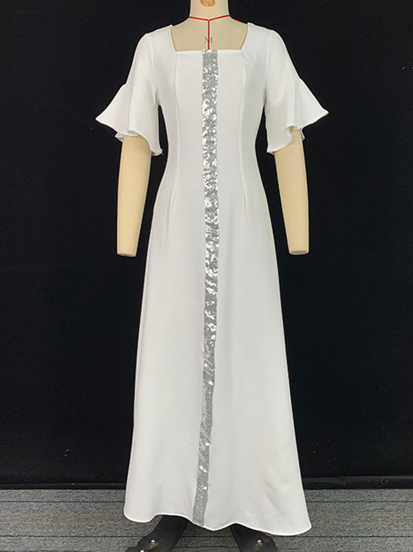 Robe longue brillante coupe trapèze, à manches évasées, à empiècements, à col carré, couleur unie