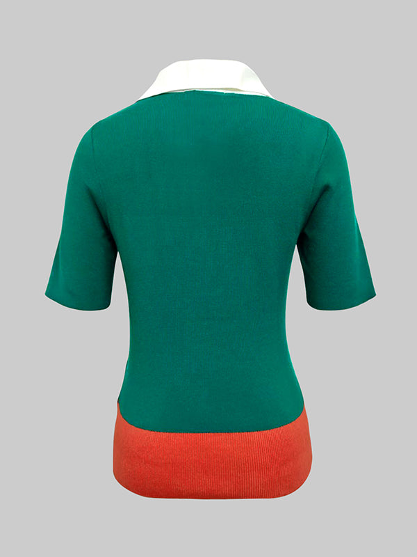 T-shirts slim à manches courtes et boutons à revers de couleur contrastée, hauts de style polo