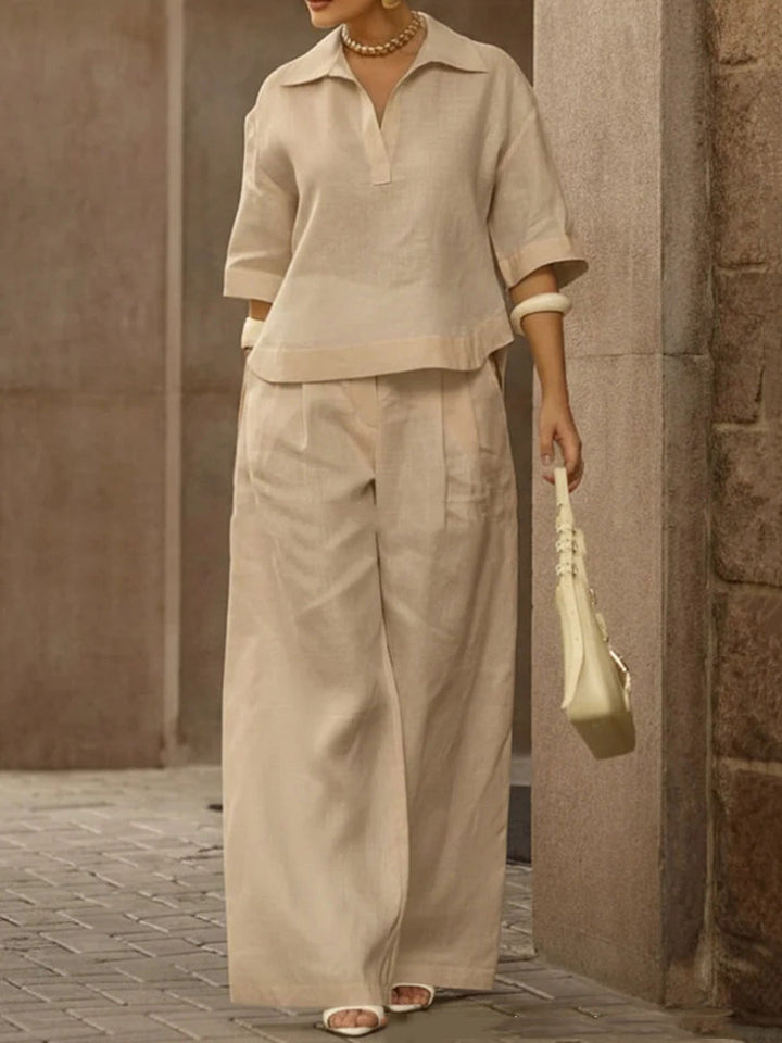 Ensemble deux pièces plissé à manches mi-longues, à col revers, taille haute, couleur unie – chemisier + pantalon