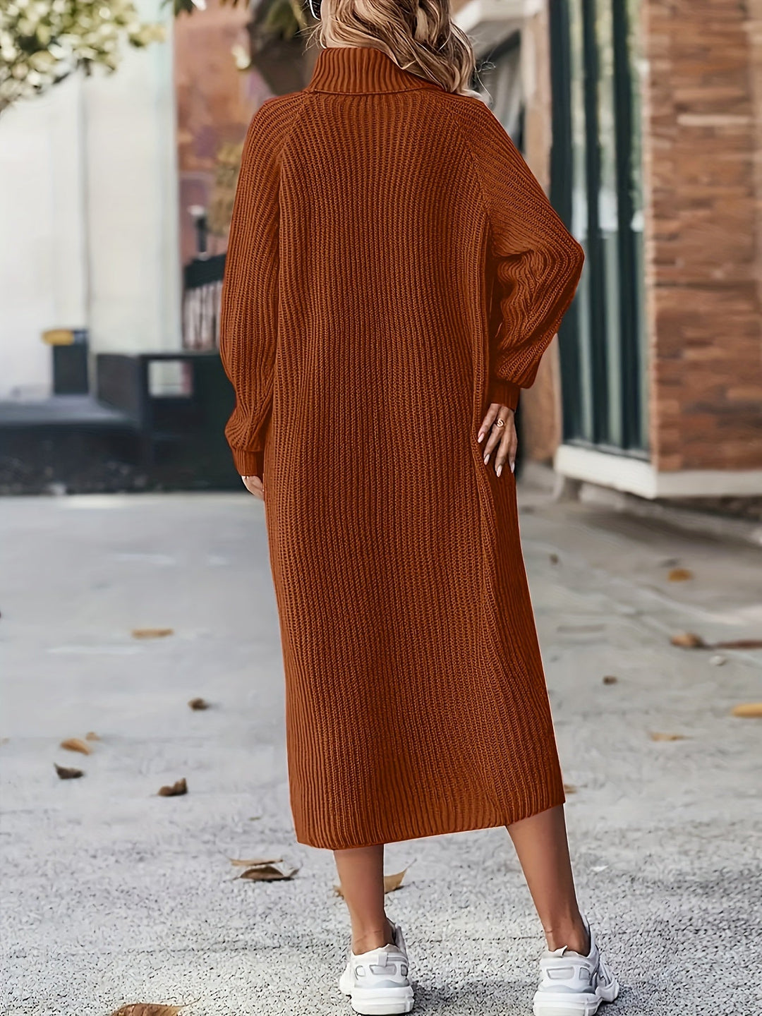 Robe en tricot pour femmes à col roulé | Manches longues et longueur midi