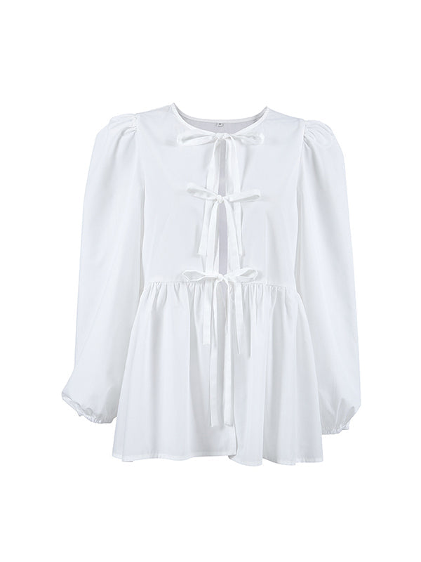 Chemisier ample noué à manches longues, à taille élastique, à empiècements, à col rond, couleur unie
