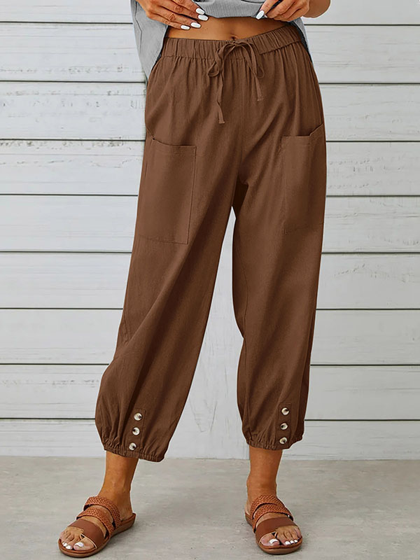Pantalon ample boutonné taille haute, à cordon de serrage, à taille élastique, à poches, à empiècements