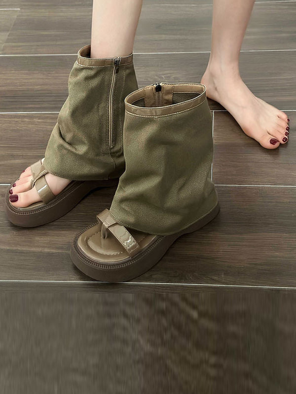 Bottes à fermeture éclair creuses à empiècements et à bout fendu, chaussures à plateforme, sandales