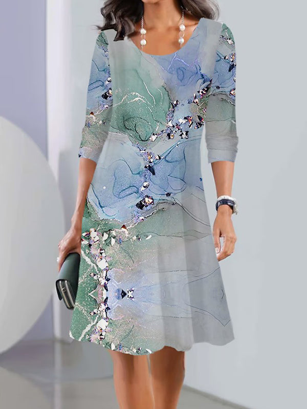 Robe mi-longue multicolore imprimée à manches longues, à imprimé floral, à col rond