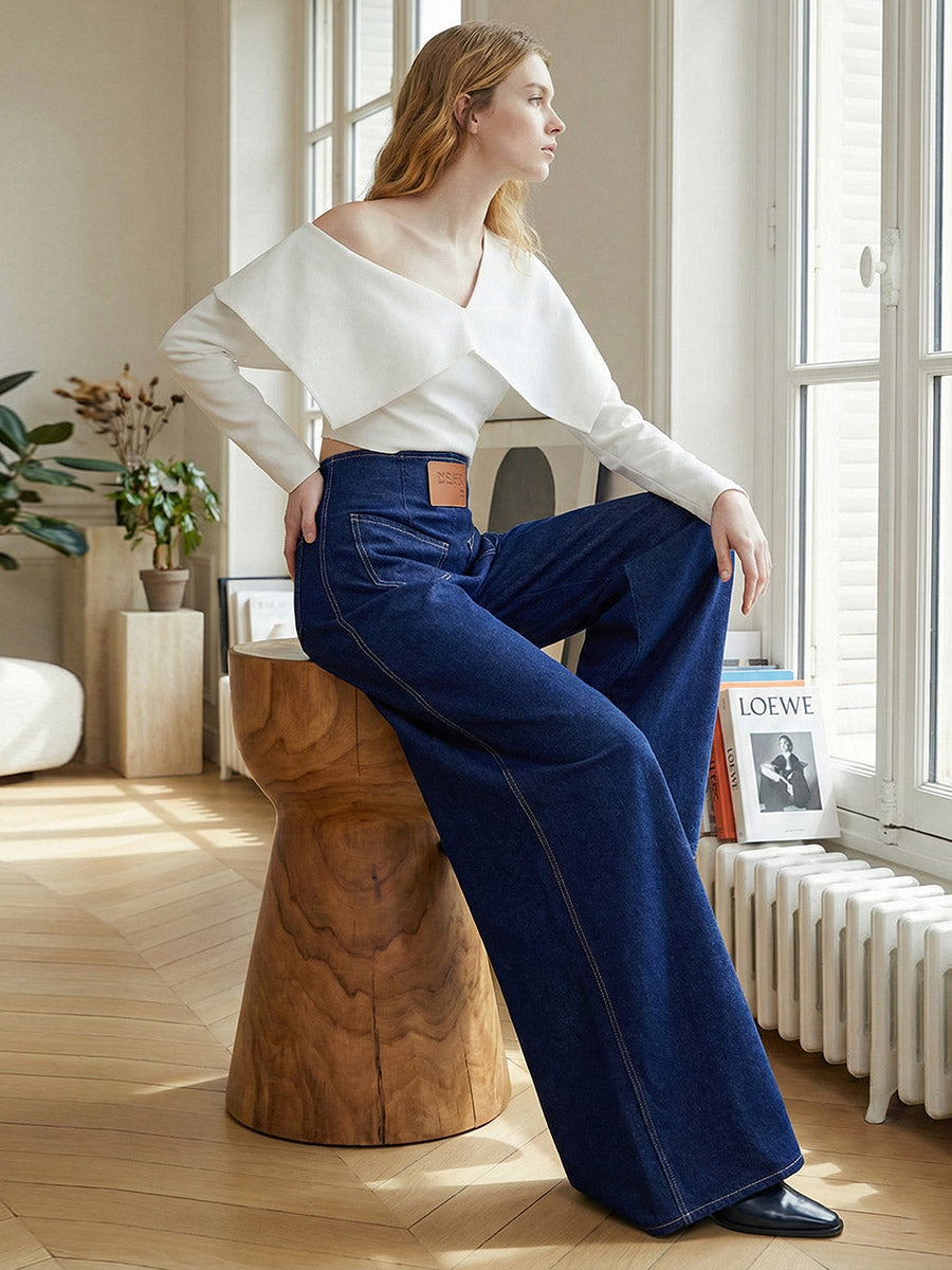 Jean ample taille haute, à taille élastique, à poches, à fermeture éclair, couleur unie