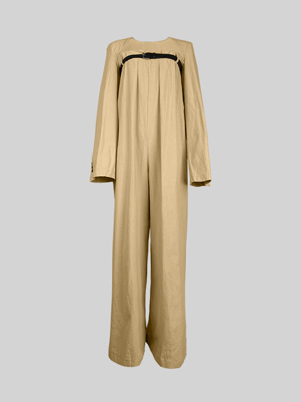Ensemble deux pièces boutonné à manches longues, sans col, à jambes larges, avec ceinture – veste + haut + combinaison