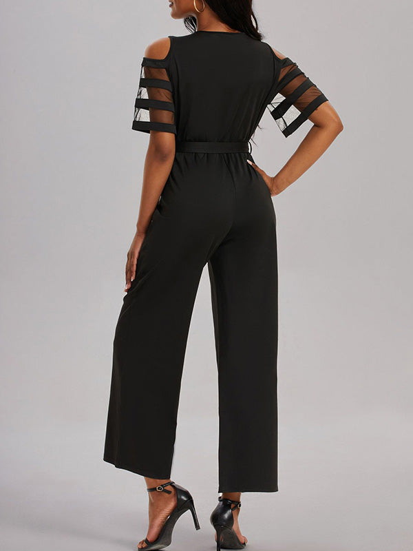 Combinaison ample ajourée taille haute, en résille, à taille nouée, à col en V, couleur unie