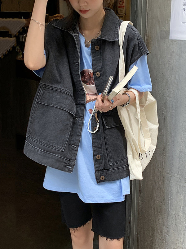 Gilet sans manches simple à empiècements, en jean, couleur unie