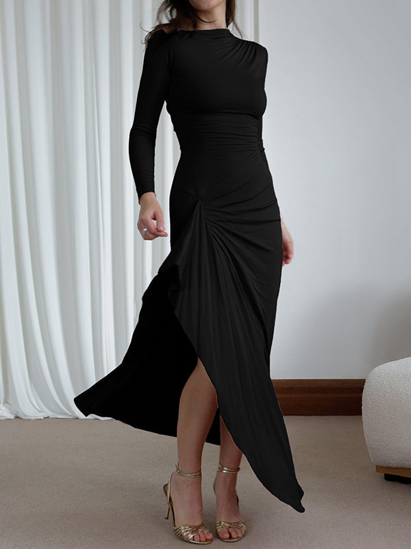 Robe longue moulante asymétrique plissée volantée taille haute, à empiècements, à col rond, couleur unie