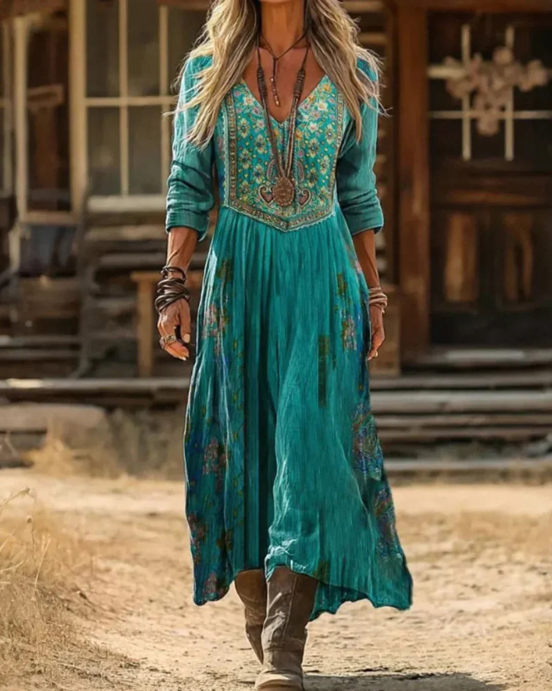 Elysia | Robe Maxi à Manches Longues avec Décolleté en V Brodée pour Femmes