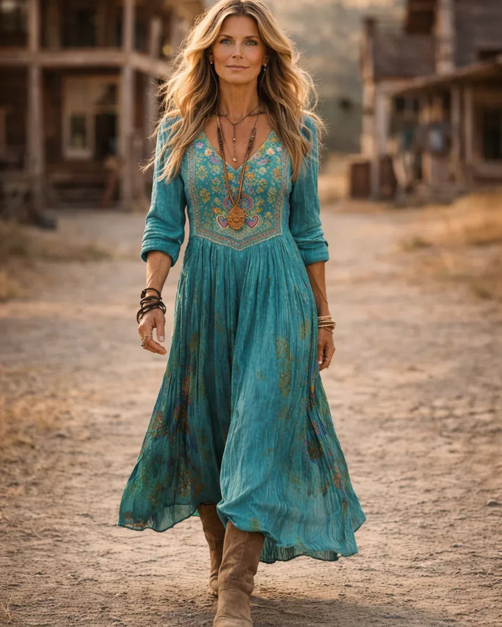 Elysia | Robe Maxi à Manches Longues avec Décolleté en V Brodée pour Femmes